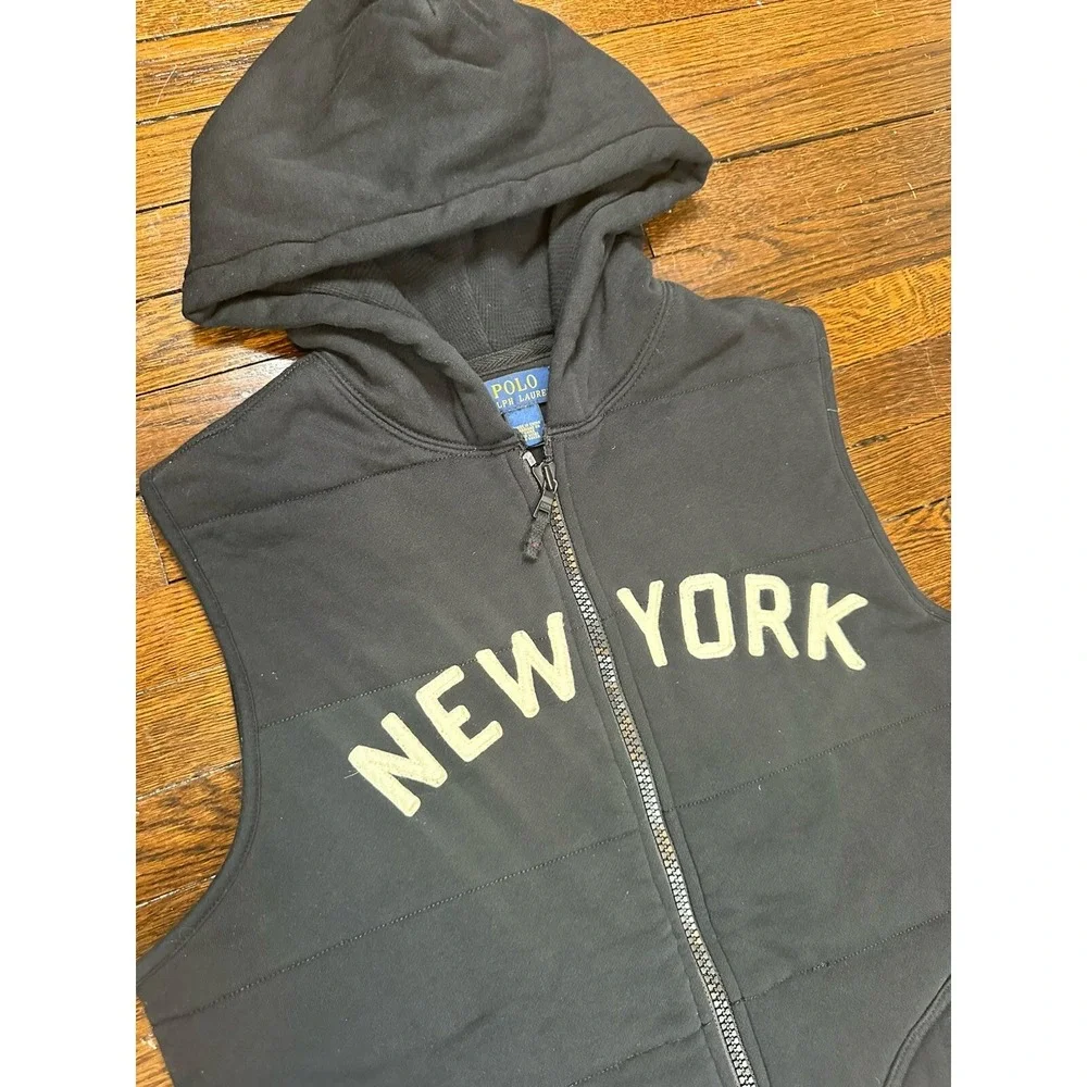 Polo Ralph Lauren Hooded Vest Men's Medium Black New York Quilted Padded *Read